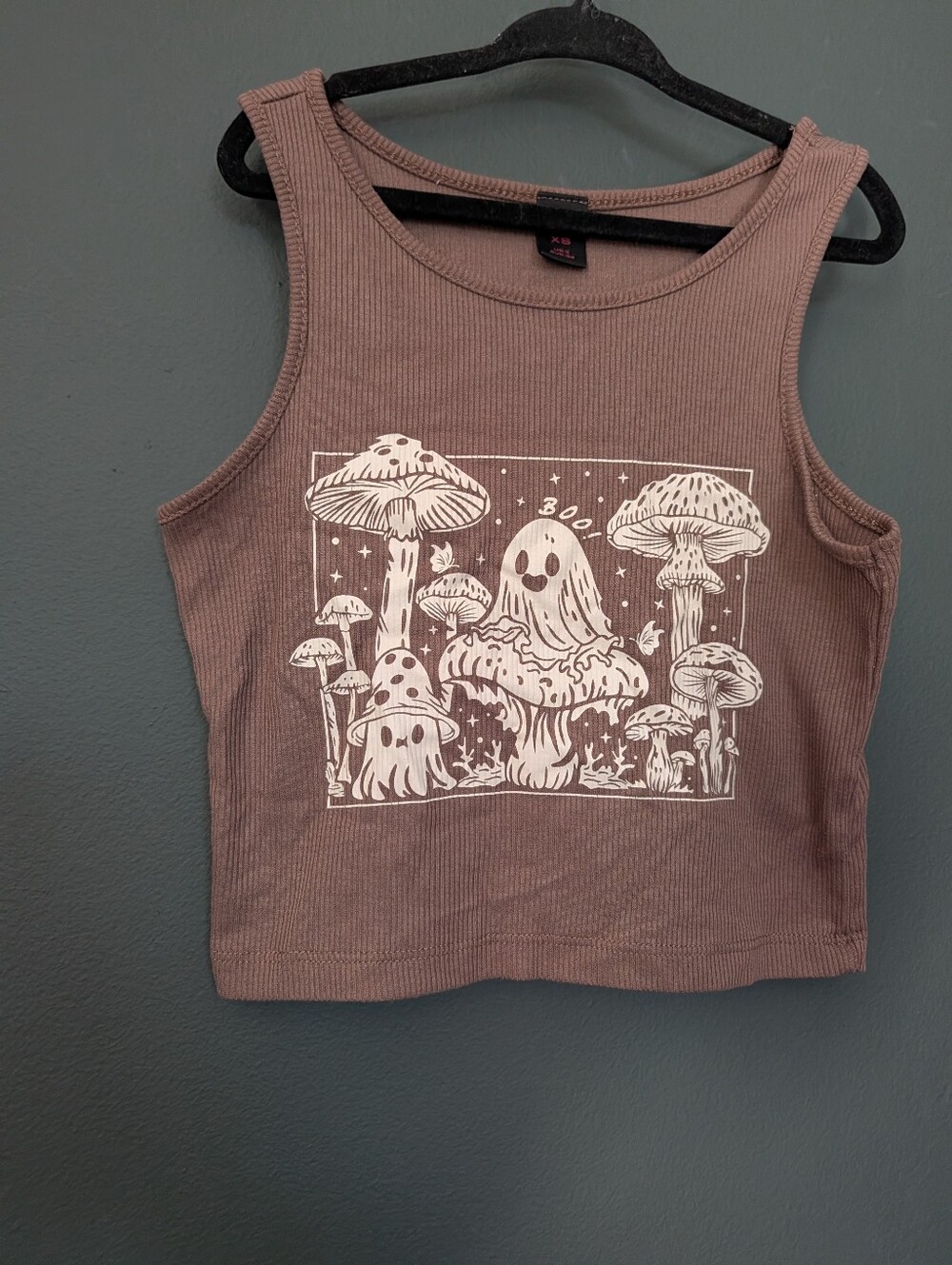 ROMWE Brown Ribbed Tank with Mushroom Ghost Graphic